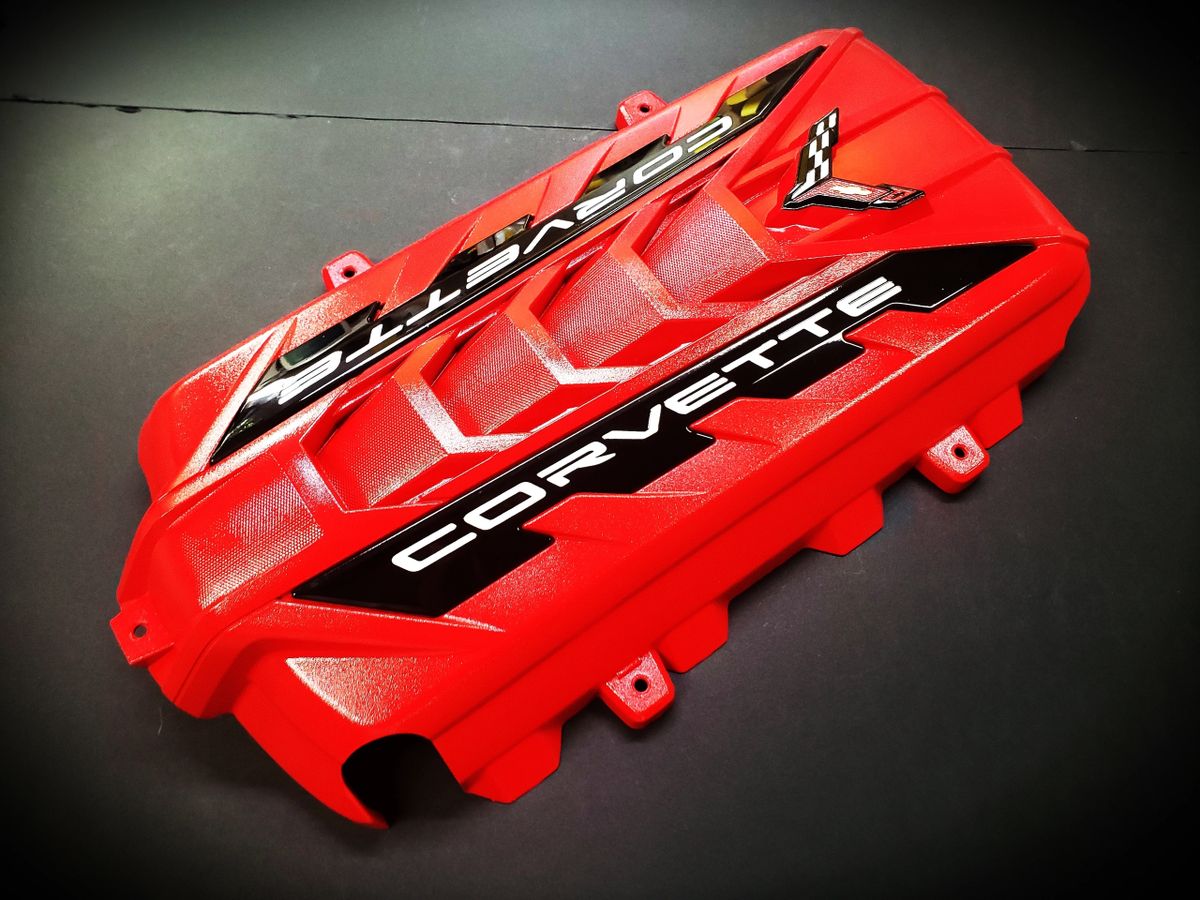 C8 CORVETTE ENGINE COVER TORCH RED CARBON FLASH RAILS WHITE CORVETTE